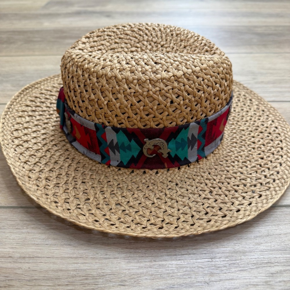 Vintage Southwestern Straw Boater Sun Hat Wide Brim Boho Charms Small 21in - Picture 4 of 13